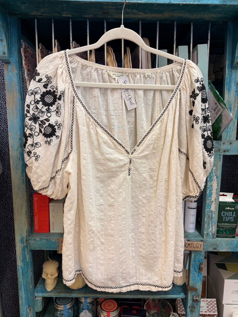 Max Studio Cream Peasant Blouse with Black Floral Embroidery